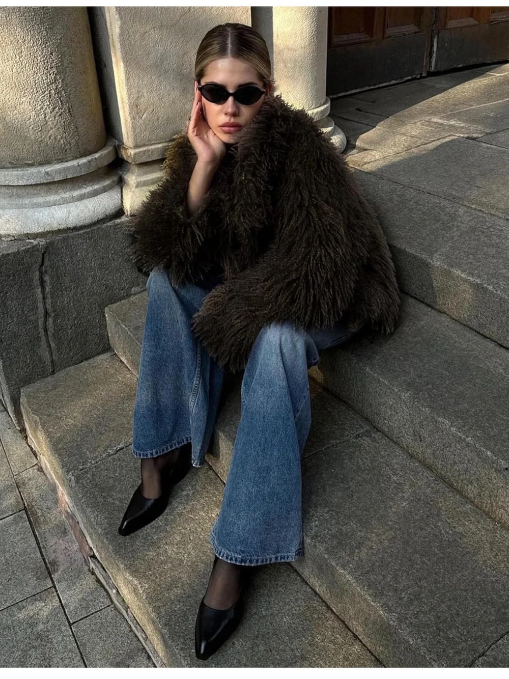 Women's Dark Brown Faux Shearling Jacket - Stylish Cozy Coat